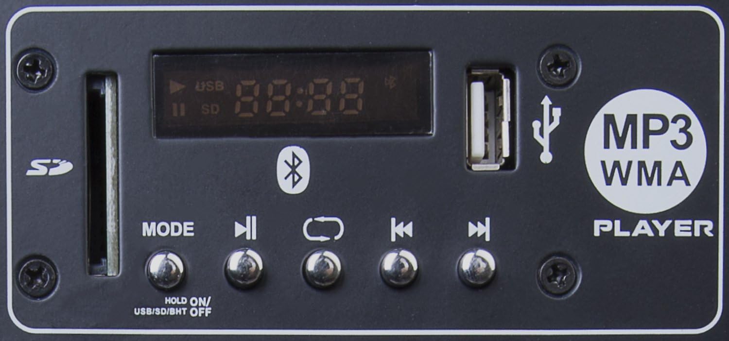 Close-up of LyxPro SPA-10 MP3 player section with SD card slot, USB port, and control buttons