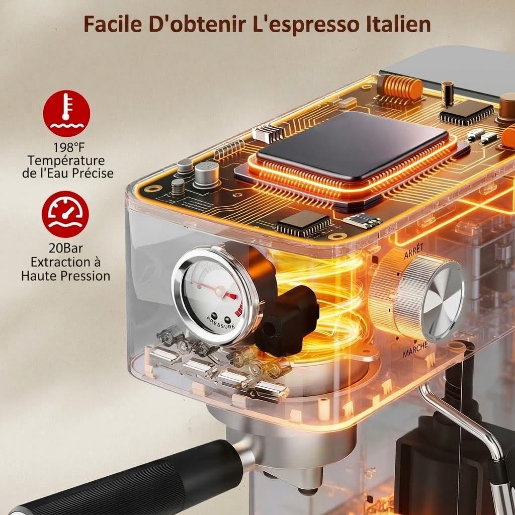 Acekool Máquina de espresso semiautomática 15 bares 1300W - Depósito 1,4L, manómetro, espumador manual - Calentador rápido, acero inoxidable, para café, capuchino, latte - plata (estándar europeo)