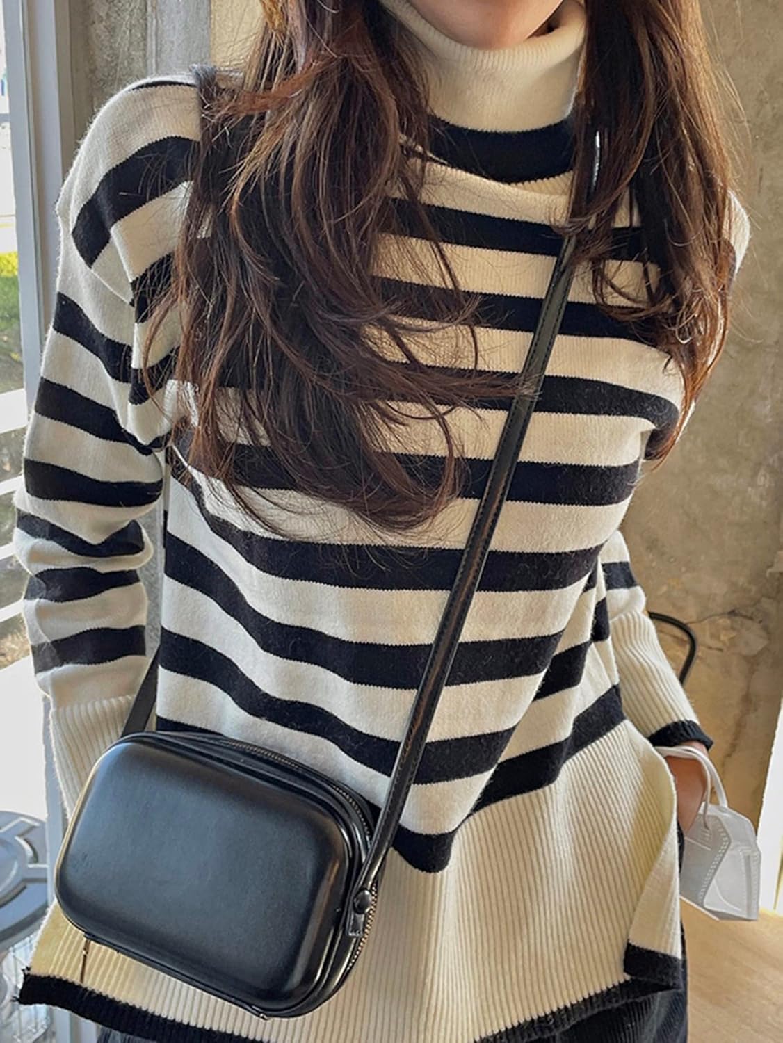 Women's Sweater Striped Pattern Turtle Neck Drop Shoulder Sweater Sweater for Women (Color : Black and White, Size : Medium)