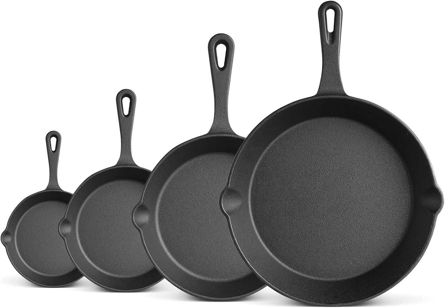 LOVEWE Cast Iron Skillet Set, 4-Piece, Black, Pre-Seasoned, 5.5in 6in 8in 10in, Compatible with All Cooktops