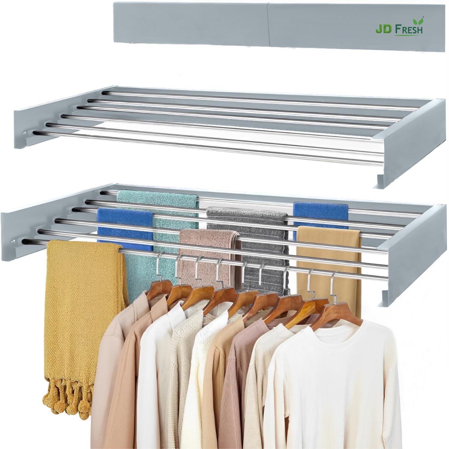 JD FRESH Metal Foldable Wall Mount Clothes Hanger/Cloth Drying Stand for Balcony with 5 Rods/Collapsible Clothes Drying Rack for Laundry/Space Saver/Indoor/Outdoor(Grey)