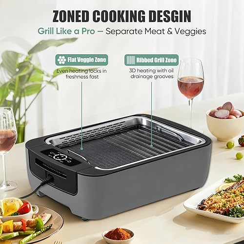 Miniatura 5 de WT-ISG802 Parrilla sin humo para interiores  Parrilla eléctrica de 1100 W para interiores con extractor de humo doble turbo, placas aptas para