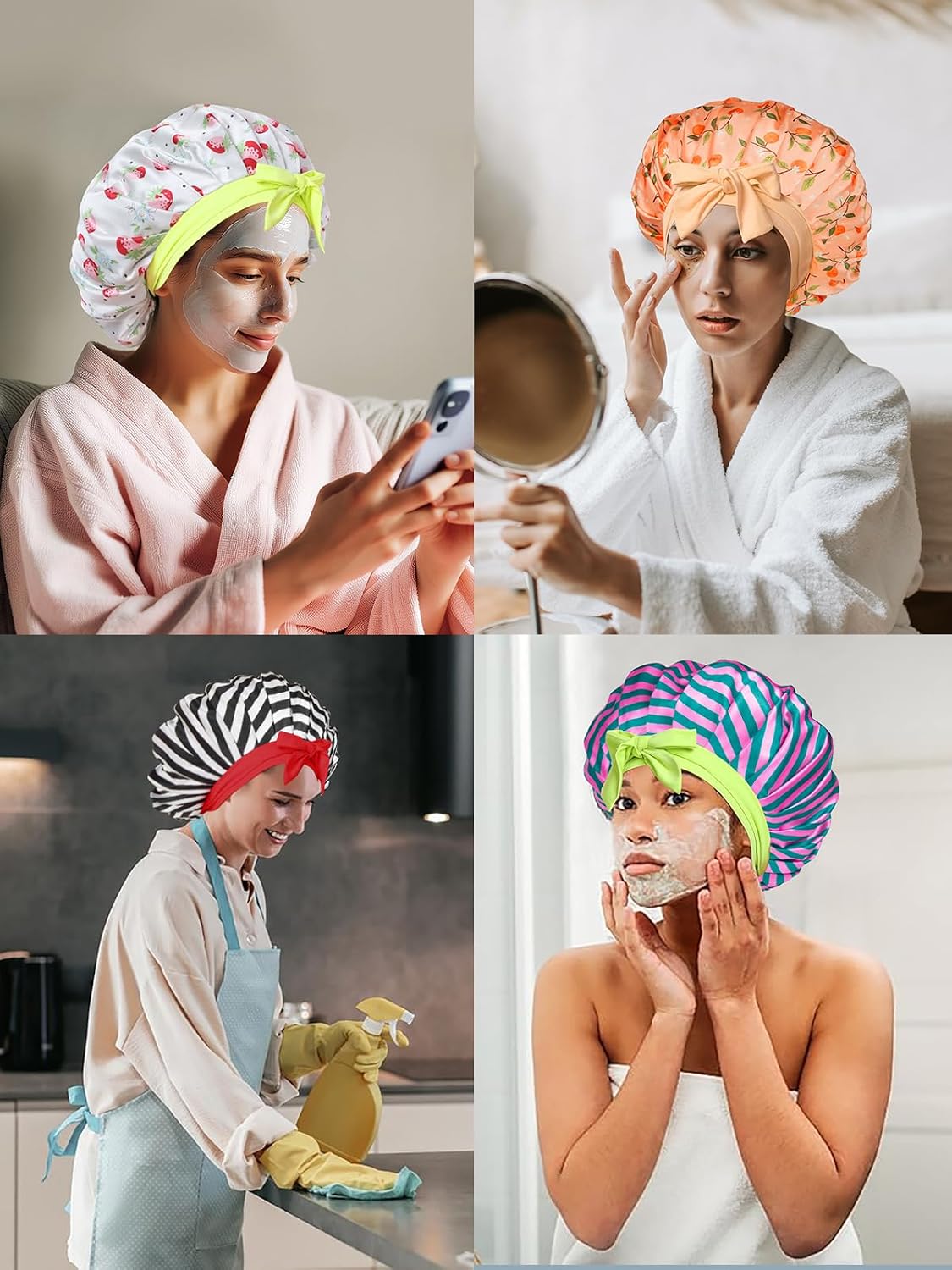 Floral Satin Bonnet For Sleeping Women Double Layer Pleated Design Adjustable Shower Cap For Curly Hair Black White Stripes