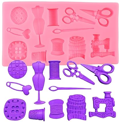 QDMOLDS Sewing Tools Silicone Molds Scissors Button Sewing Designer Clothes Fondant Molds Sewing Machine Mold for Cake Decorating Cupcake Topper Chocolate Candy Gum Paste Polymer Clay