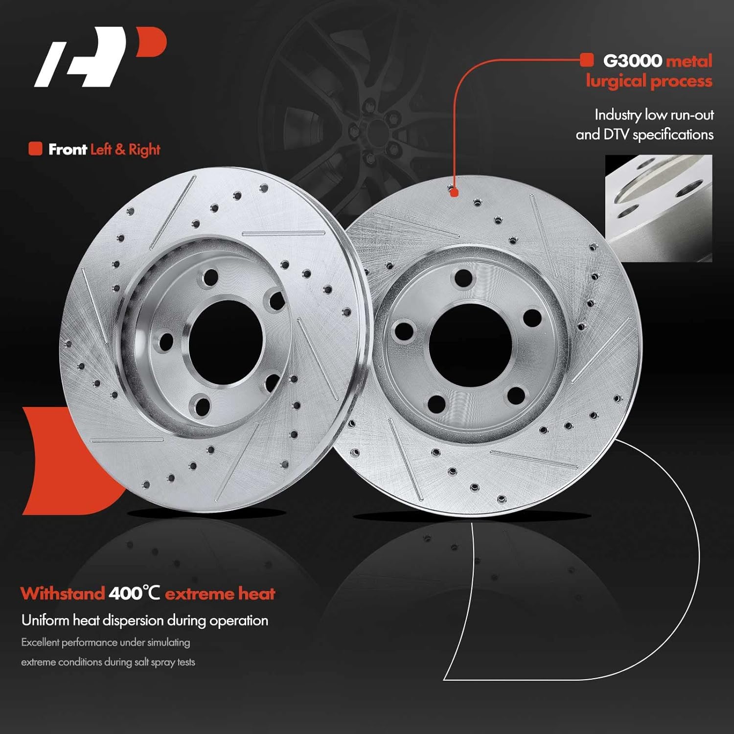 A-Premium 10.87 inch (276 mm) Front Drilled and Slotted Disc Brake Rotors + Ceramic Pads Kit Compatible with Select Ford Models - Mustang 1999 2000 2001 2002 2003 2004, 6-PC Set