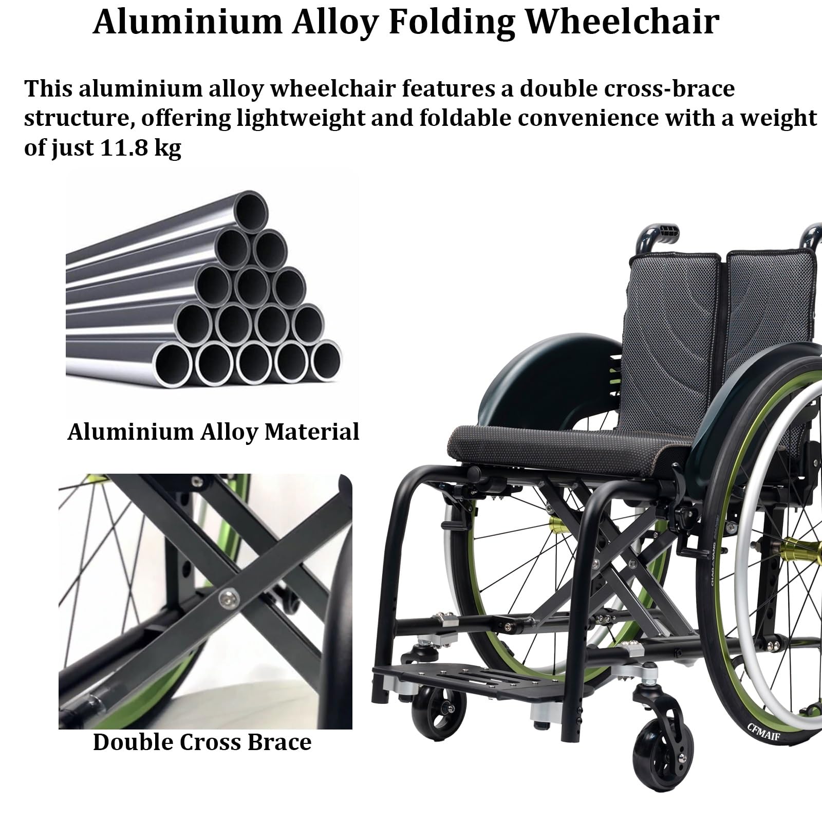 Lekki składany wózek inwalidzki, aluminium, hamulec ręczny, zdejmowany podnóżek, hamulce ręczne, do użytku na zewnątrz (zielony, 38 cm/14,9 cala)