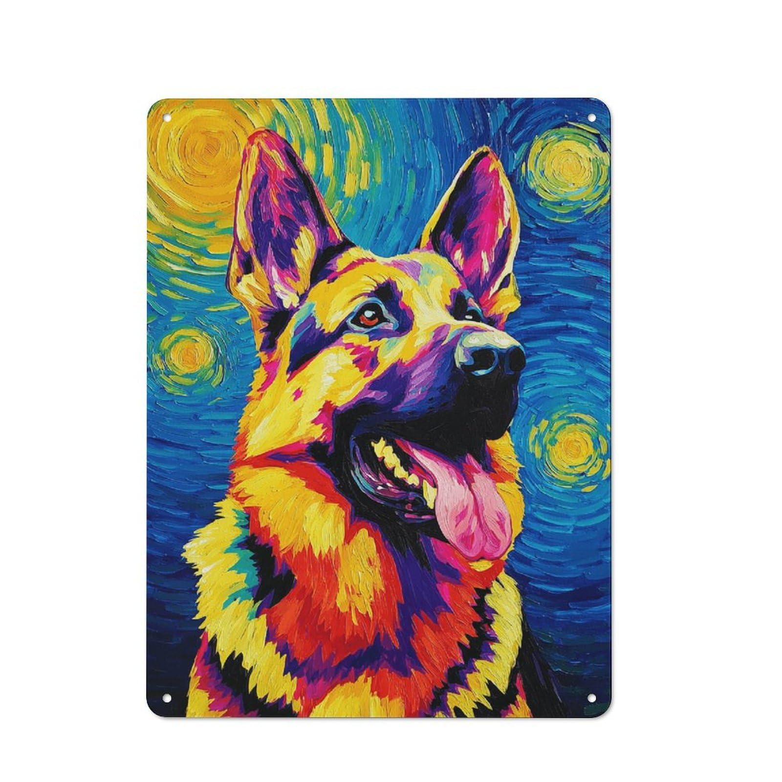 Junmoney Starry Night German Shepherd -1 Metal Wall Plaque With Design 40X30cm, Retro Small Space Decor For Flat, Dorm Room, Lounge Or Cafe
