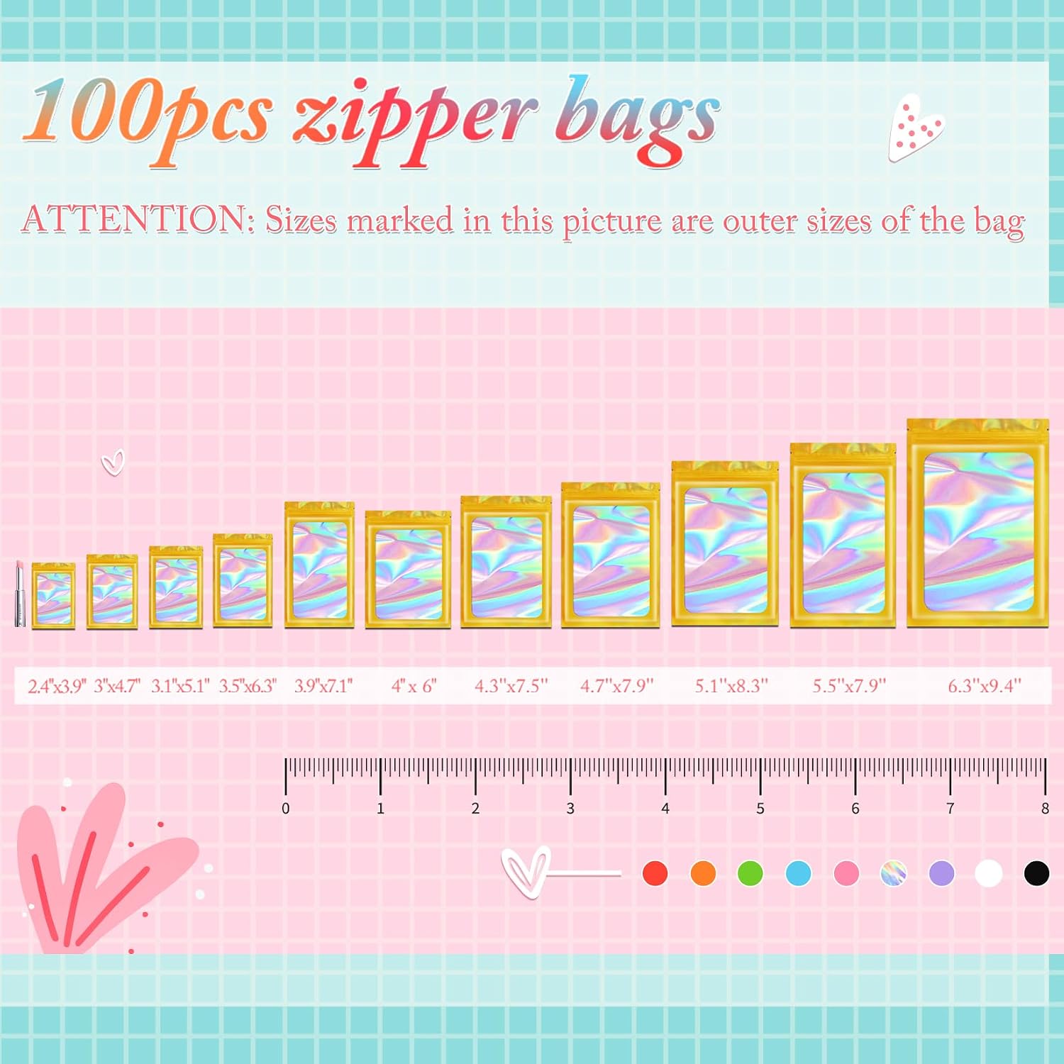 Funfery 100pcs Gold Mylar Holographic Bags-Resealable Zipper&Clear Window image 3
