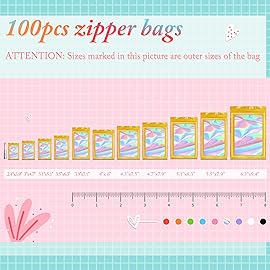 Funfery 100 pcs Gold Mylar Holographic Resealable Bags,Clear Packaging Bag Odor Proof Foil Pouch Bag for Food Storage, Lipgloss, Jewelry, Eyelash Packaging for Small Business - 2.4 x 3.9Inch