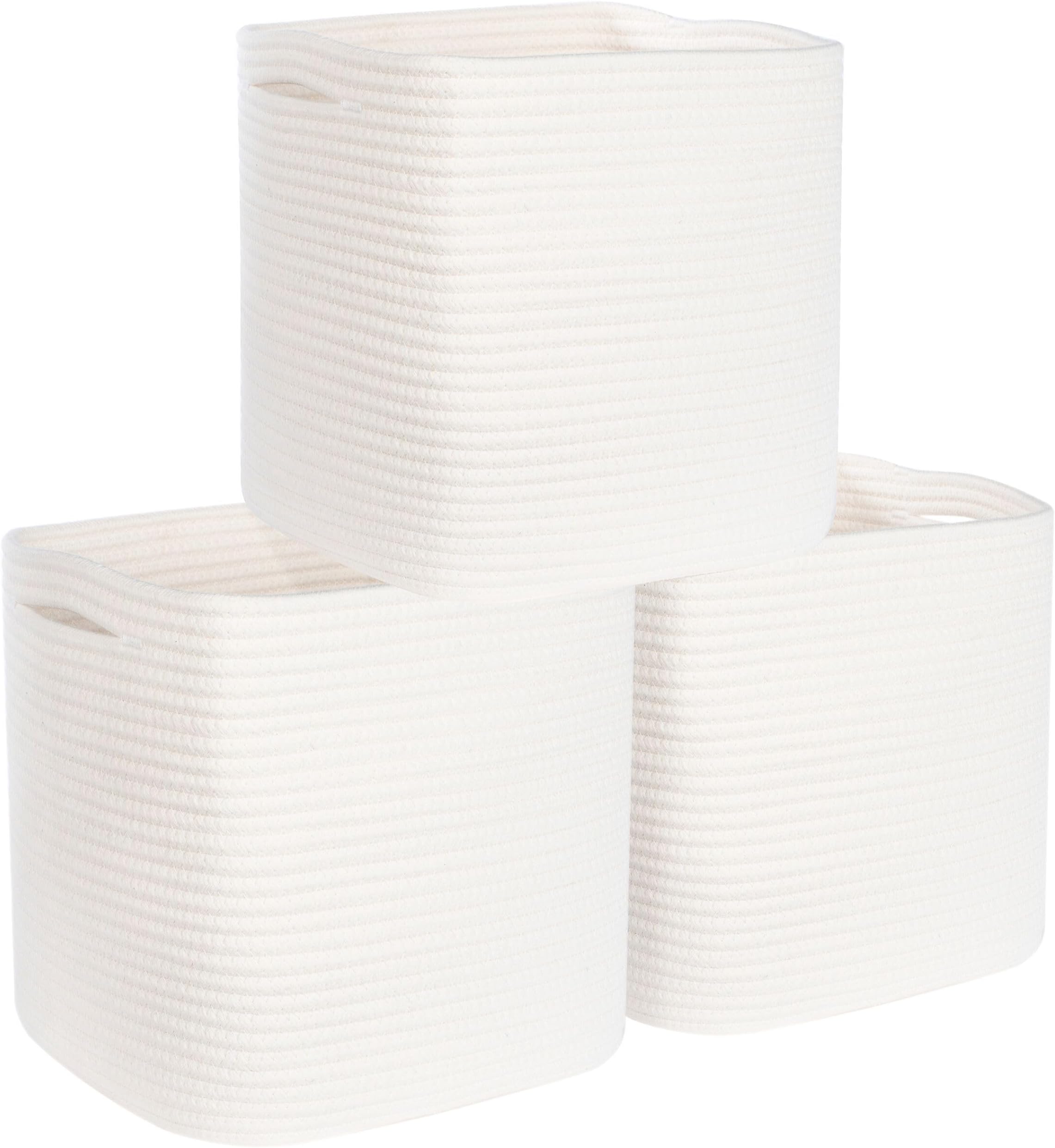 MINTWOOD Design 3-Pack 11x11in Woven Cube Storage Bin and Shelf Baskets, Cute Decorative Square Organizer for Closet, Classroom, Bathroom, Dog and Cat Toys, and Books, Creamy White