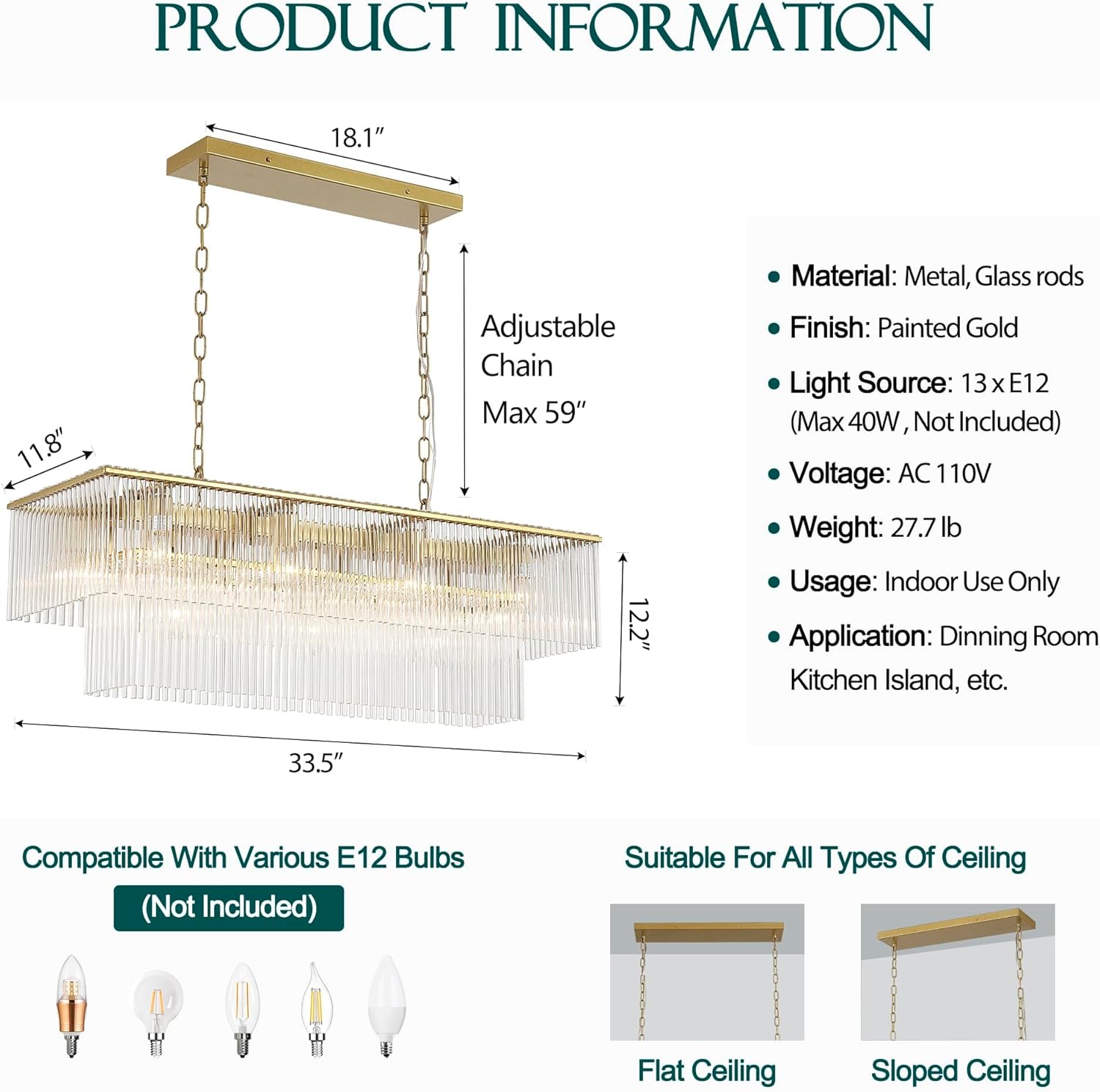 L33.5 Gold Rectangular Chandeliers for Living Room Dining Room Lights Over Table Ceiling Modern Kitchen Island Light Fixture Contemporary Oblong Crystal Chandelier 13-Light