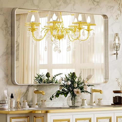 VooBang Espejo de baño de 24 x 32 pulgadas, hermoso espejo de pared de marco profundo, moderno espejo de tocador de baño de esquina redonda para