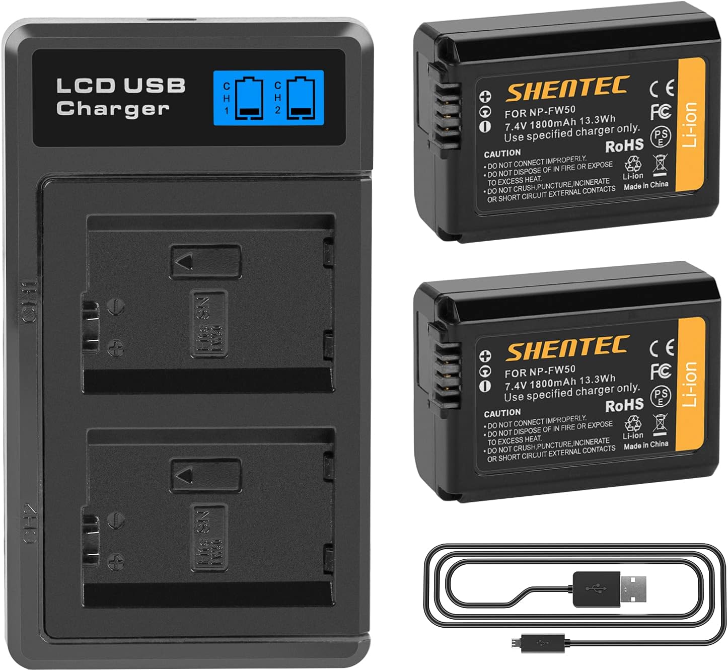Shentec NP-FW50 (X2) 1800mAh 7.4V Battery Pack & Fast Charger Compatible with Sony A6000, A6500, A6300, A6400, A7, A7II, A7RII, A7SII, A7S, A7S2, A7R, A7R2, A55, A5100, RX10