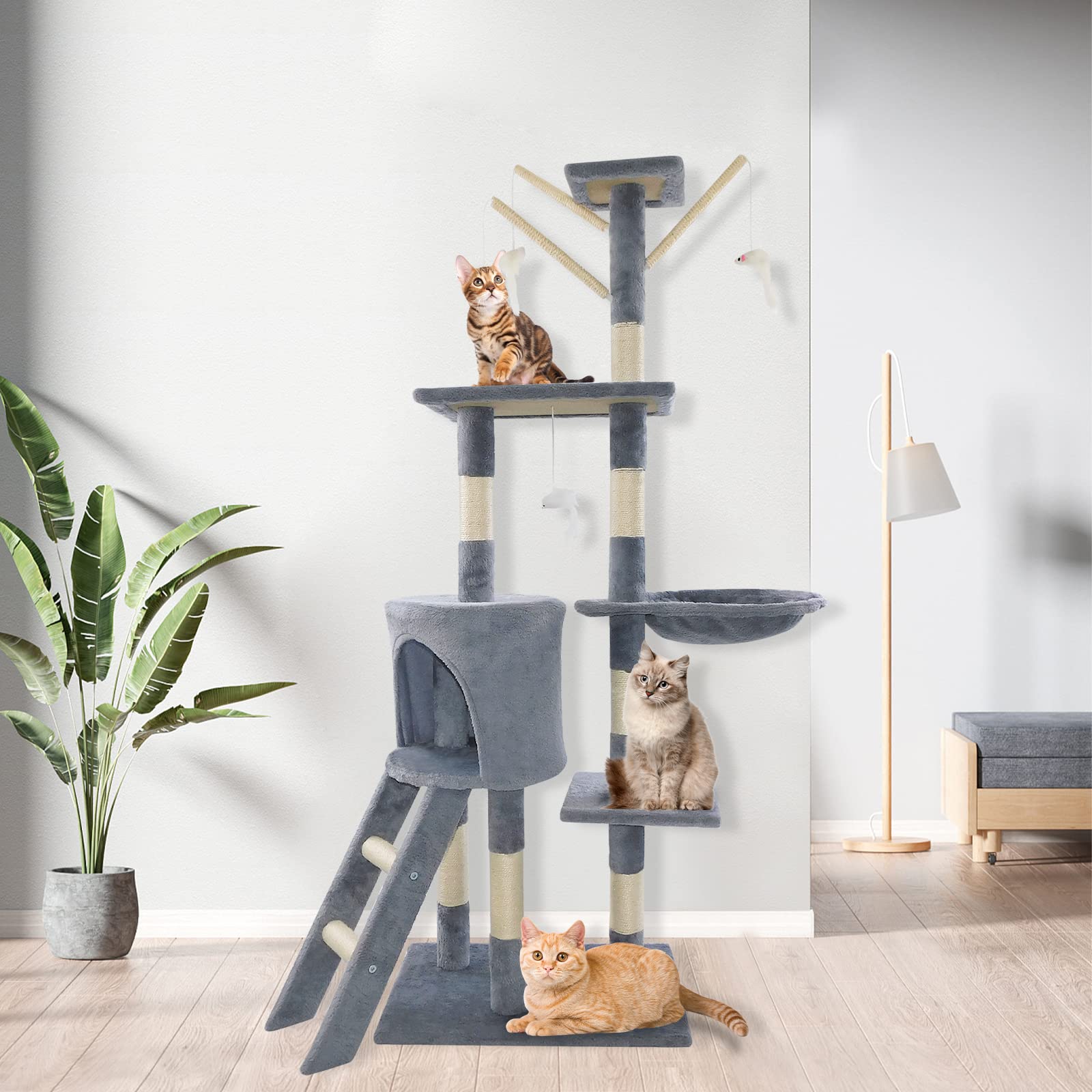 Multi-level Wooden Cat Tower With Thickened Sisal Scratching Posts For Indoor Cats