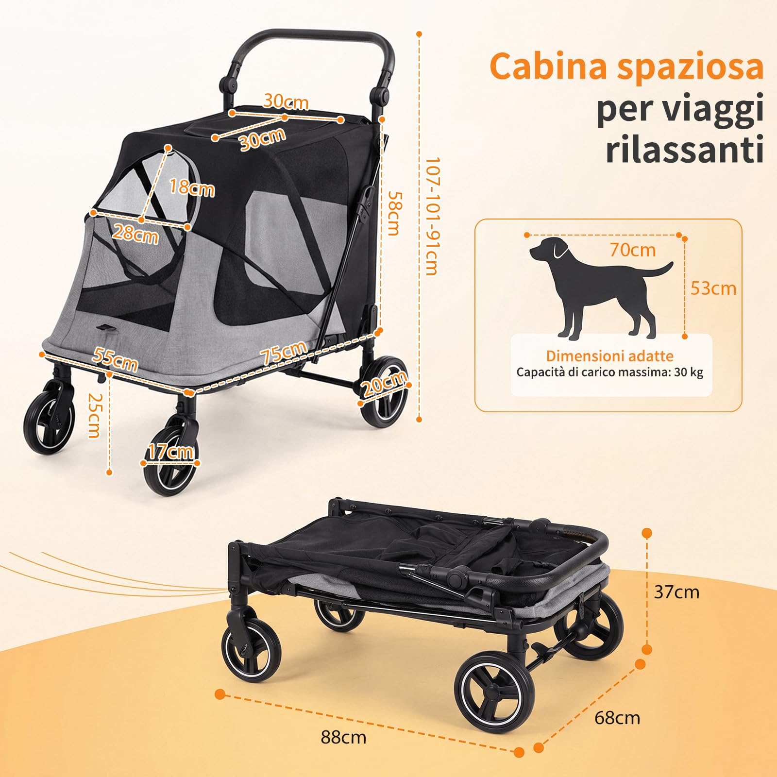 MAMIZO Passeggino per Cani Pieghevole, Carrello per cani gatti fino a 30kg | Passeggino con 2 ingressi, Finestre a rete, Lucernario, tasca posteriore, Manico regolabile,4 PCS ruote, cani media e grande