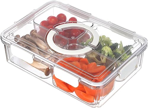 Taiuloo Bandeja dividida para verduras con tapa hermética, 4 compartimentos, caja extraíble para aperitivos, contenedor de charcutería, organizador