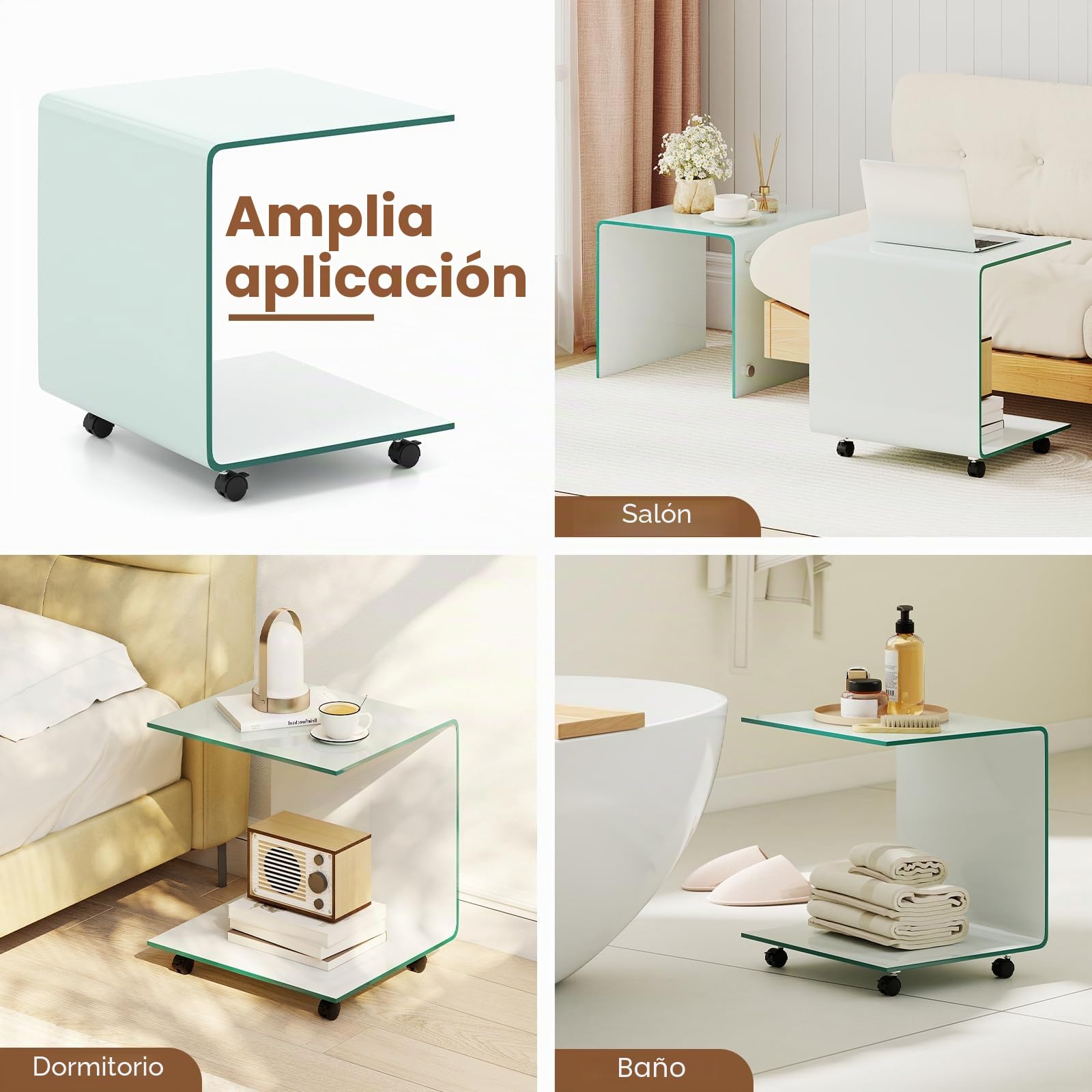 COSTWAY Mesas Auxiliares de Cristal, 45 x 45 x 41 cm, 2 Formas, Mesas de Centro Pequeñas, Mesa Auxiliar Salon Sofa de Vidrio Templado, Mesa para Café (Blanco,con Ruedas)