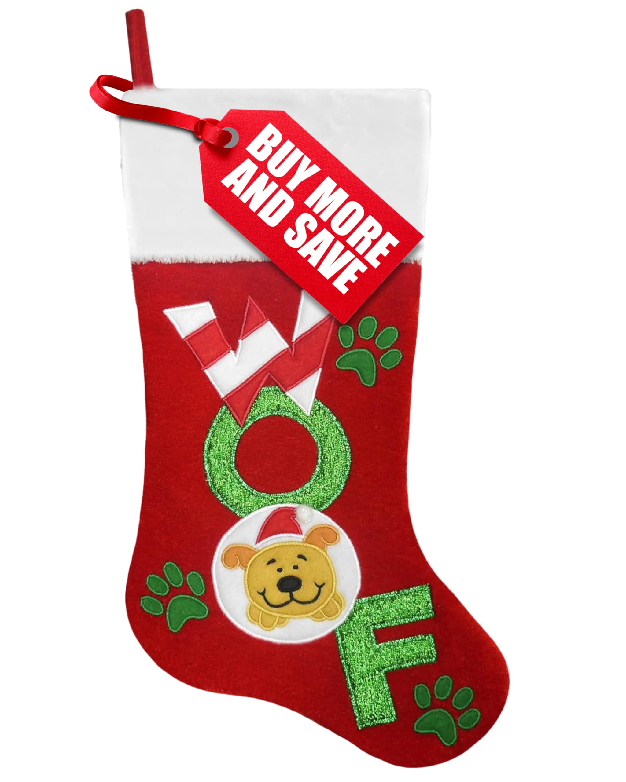 Photo 1 of 16” Large Christmas Stockings with Hanging Loop - Red Dog Woof Christmas Stocking with Velvet Fabric and Fleece Cuff - Stockings Christmas Tree Decorations - Family Stockings for Christmas Woof Dog