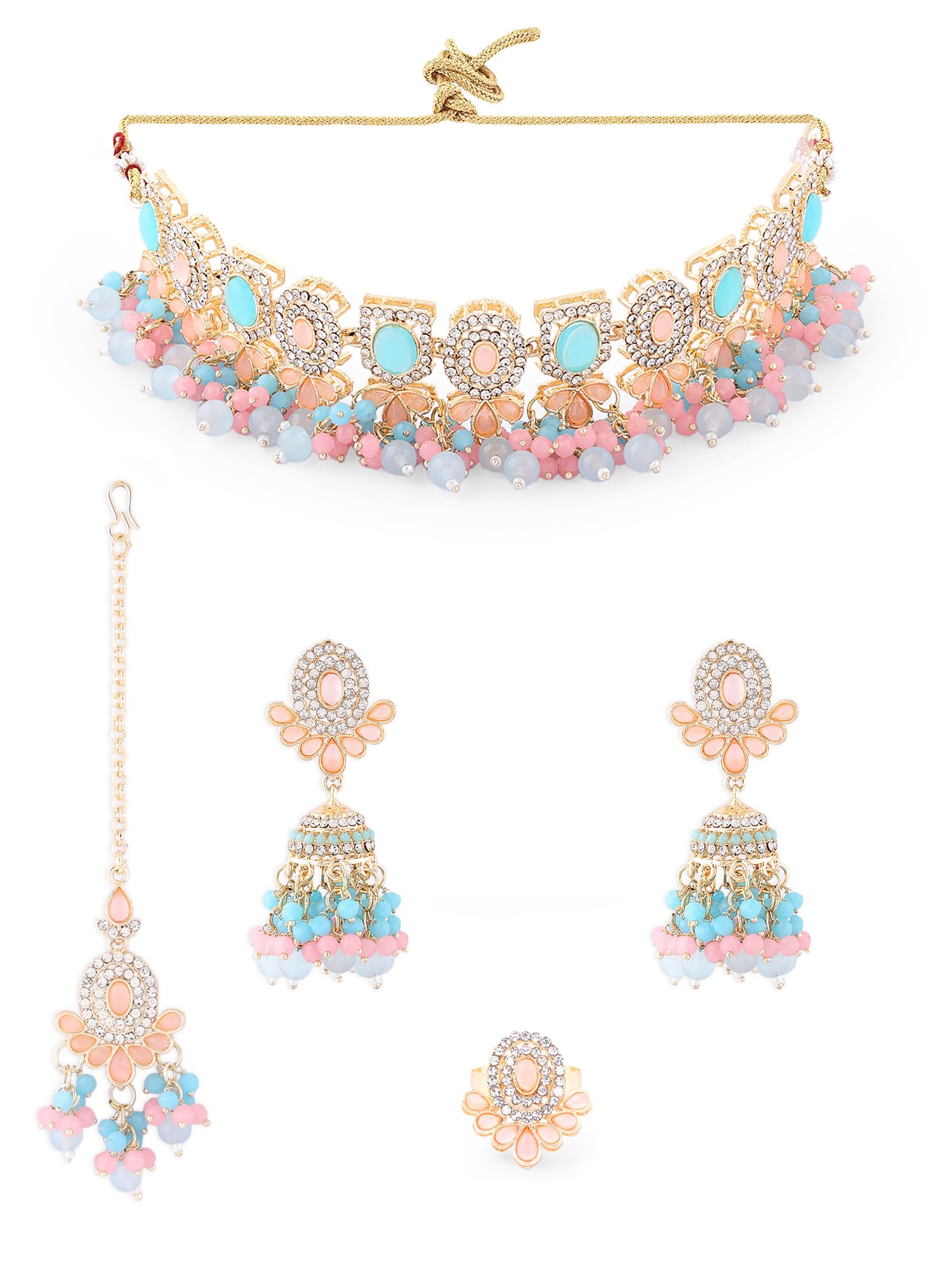ZAVERI PEARLS Turquoise Blue Pink Stones Beads Choker Necklace Earring Maangtikka Ring Set For Women -ZPFK16166 (B0C9Q7ZTM4) Amazon Price History, Amazon Price Tracker