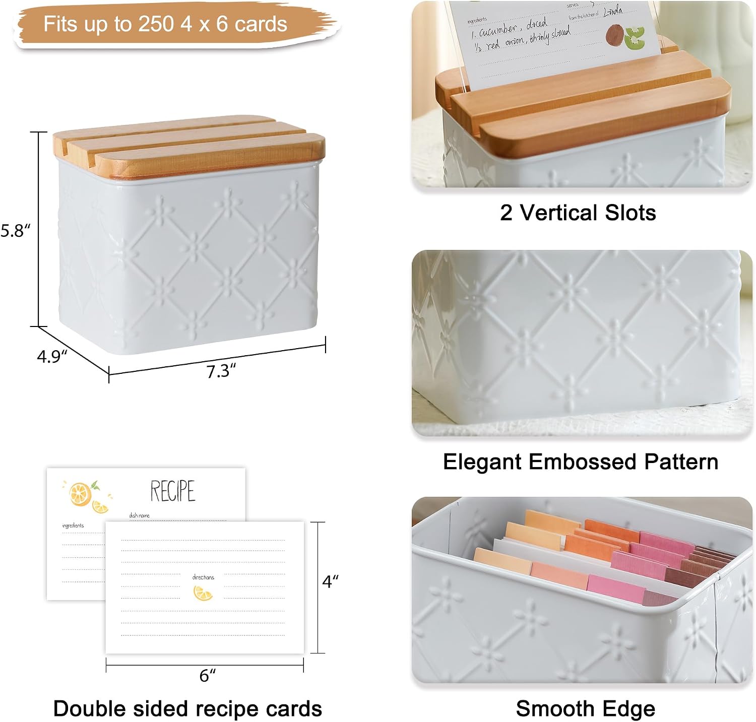Recipe Box with Cards and Dividers Set 4x6 Recipe Holder for Kitchen Counter Metal White Floral Pattern Embossed Recipe Card Box with Wooden Grooved Lid