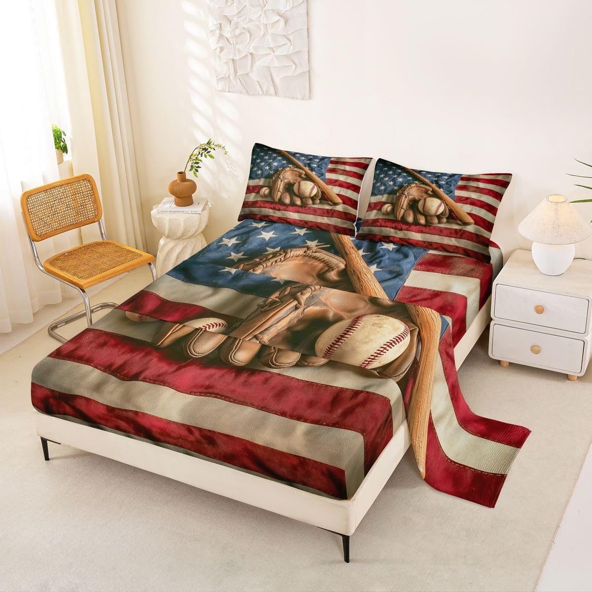 jejeloiu Baseball Bed Sheets Set Twin Size American Flag Bed Set for Kids Boys Girls Baseball Gaming Deep Pocket Fitted Sheet Breathable Soft Lightweight Microfiber