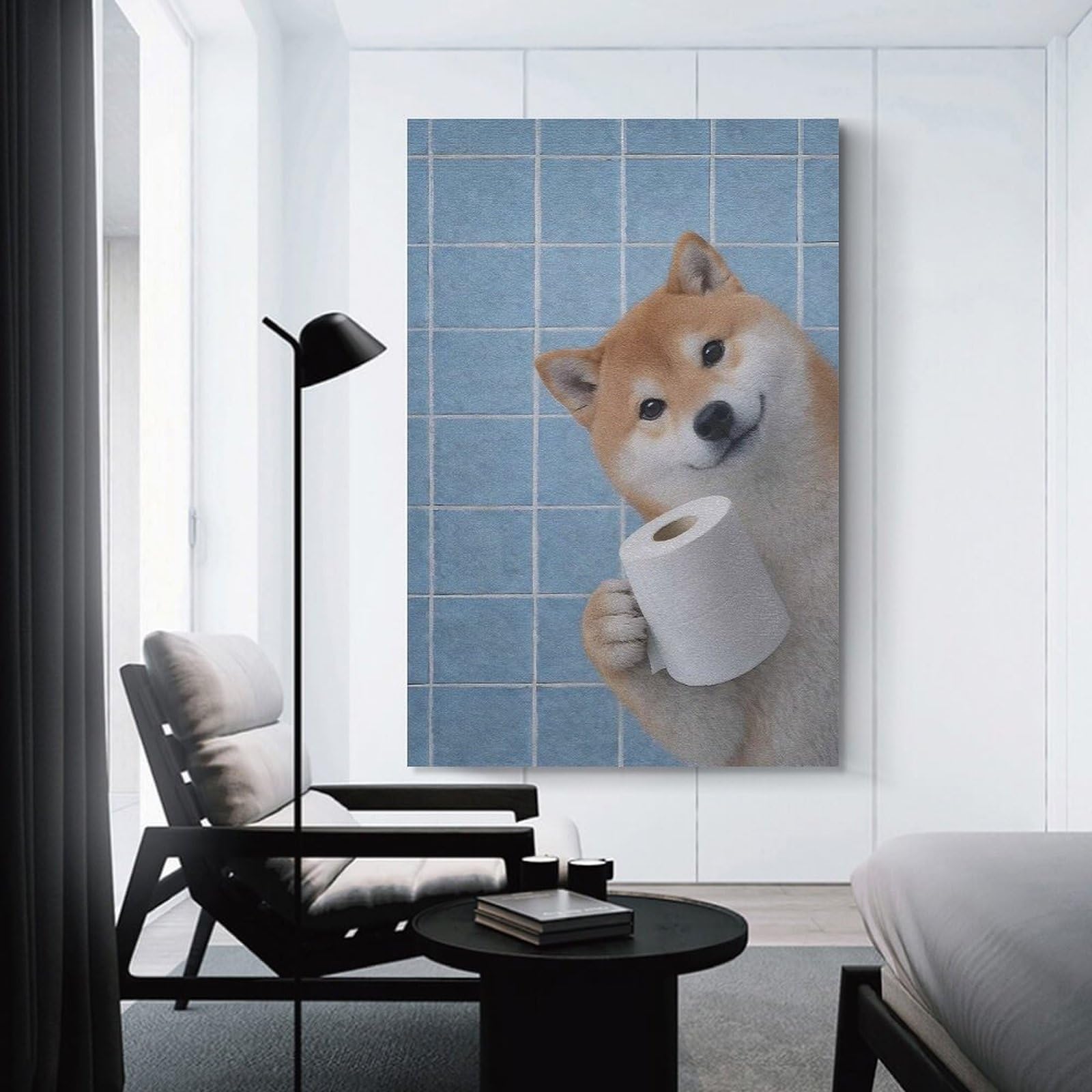 Wall Art Print Shiba Inu with Toilet Paper Poster, Picture, Metal Print, Paint by Kagezami, 24x36inch(60x90cm), for Picture Wall Styling in Lounge Or Bedroom, Wall Decor Suited to Curated Displays