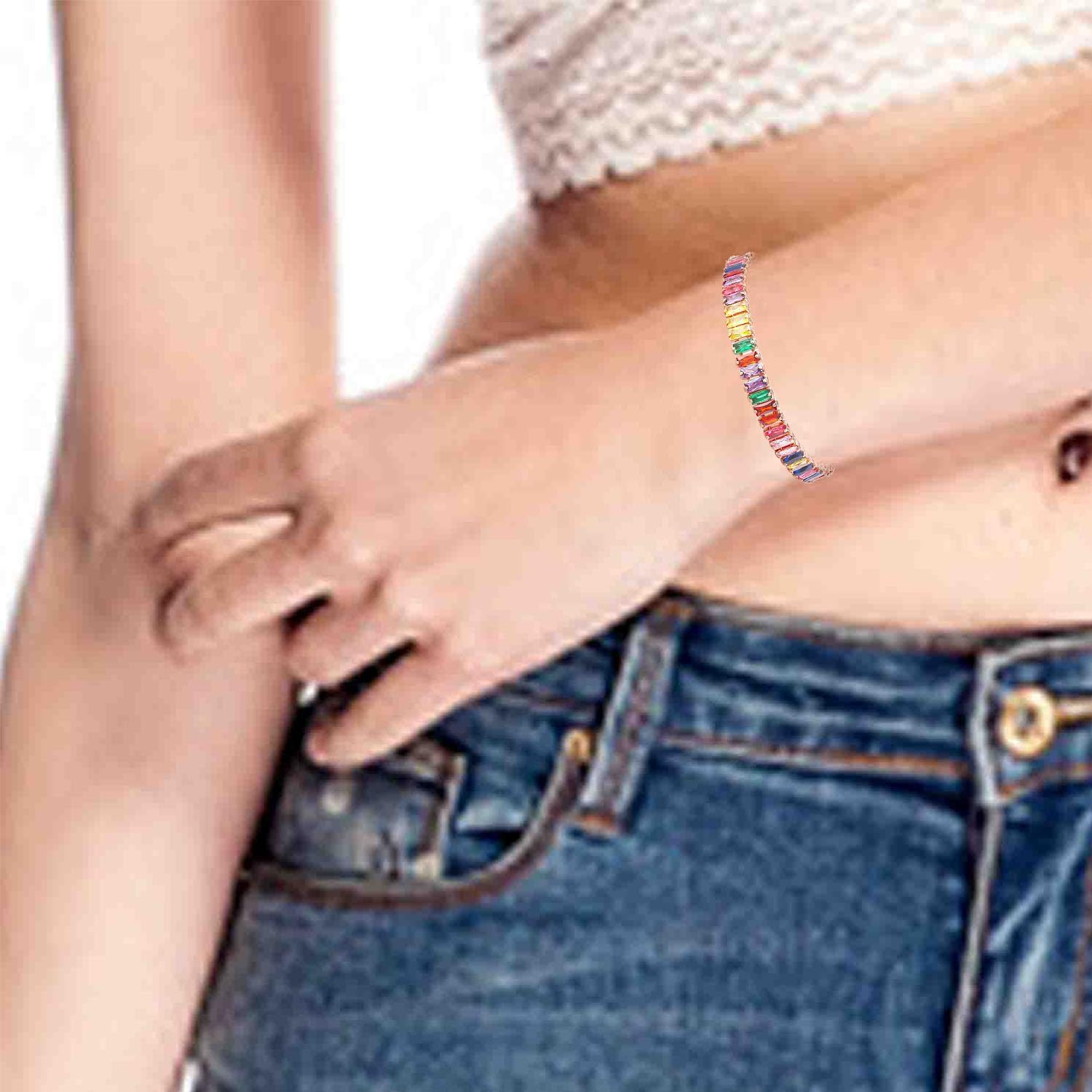 HSQYJ Rainbow Cubic Zirconia Bracelet Adjustable Tennis Bracelets for Women Teen Girls 14K Rose Gold/Silver Plated Hypoallergenic Slider Bracelet Fashion Jewelry Gift - Image 4