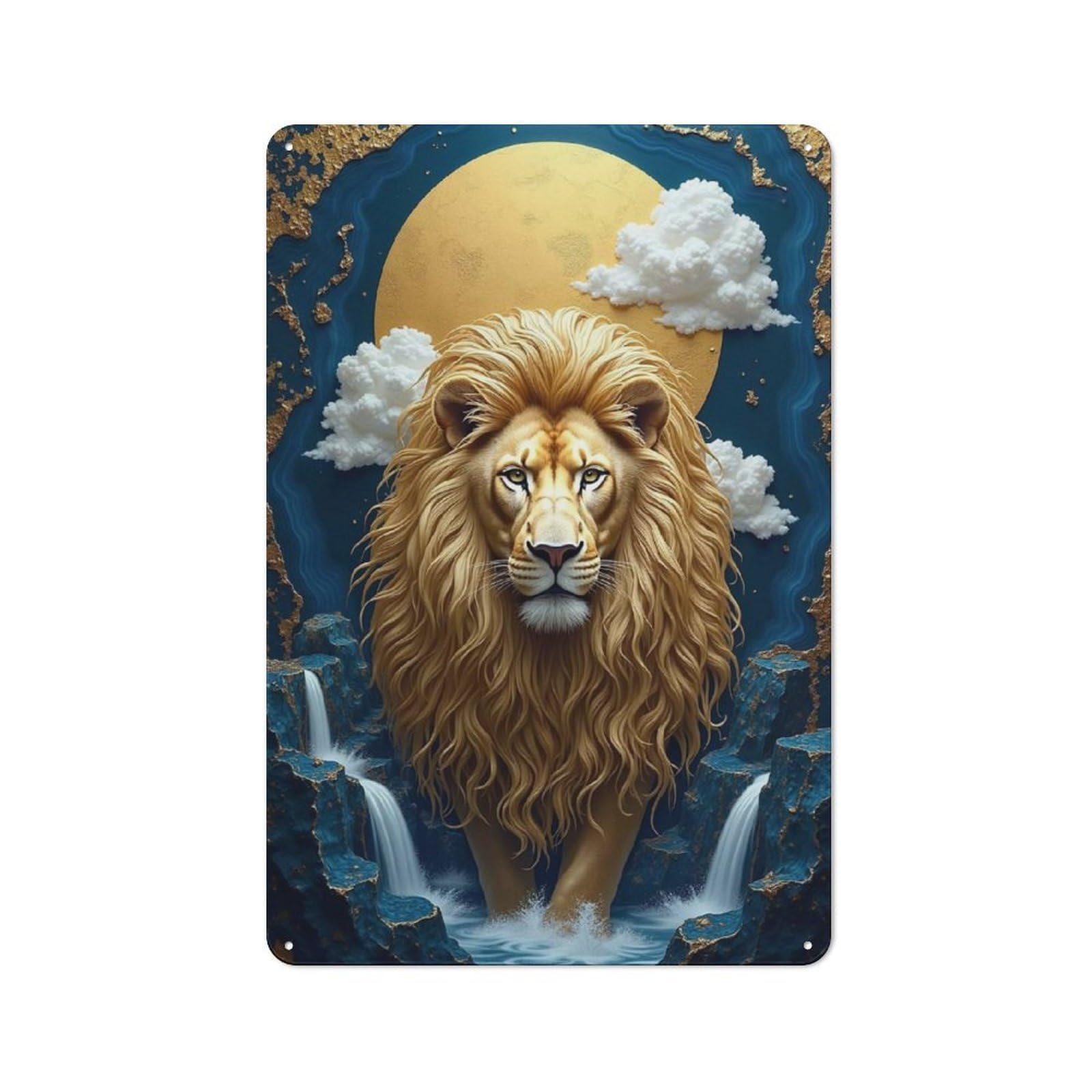 Garage Style Majestic Lion in A Celestial Waterfall Decorative Metal Plaque 30x20cm, Garage Wall Decor for Workshop, Basement, Shed Or Games Room