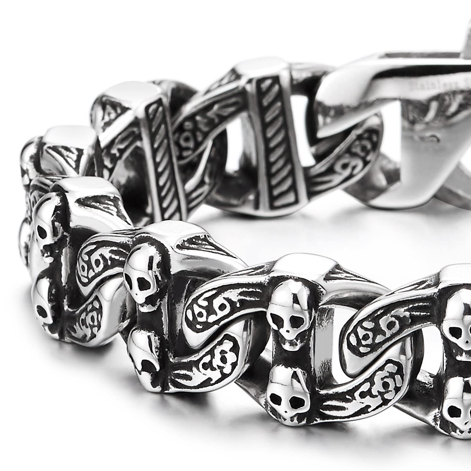 COOLSTEELANDBEYOND Bracciale Gotico Vintage Catena Marina Anchor con Cranio in Acciaio Inossidabile per Uomo, Finitura Vecchio Metallo