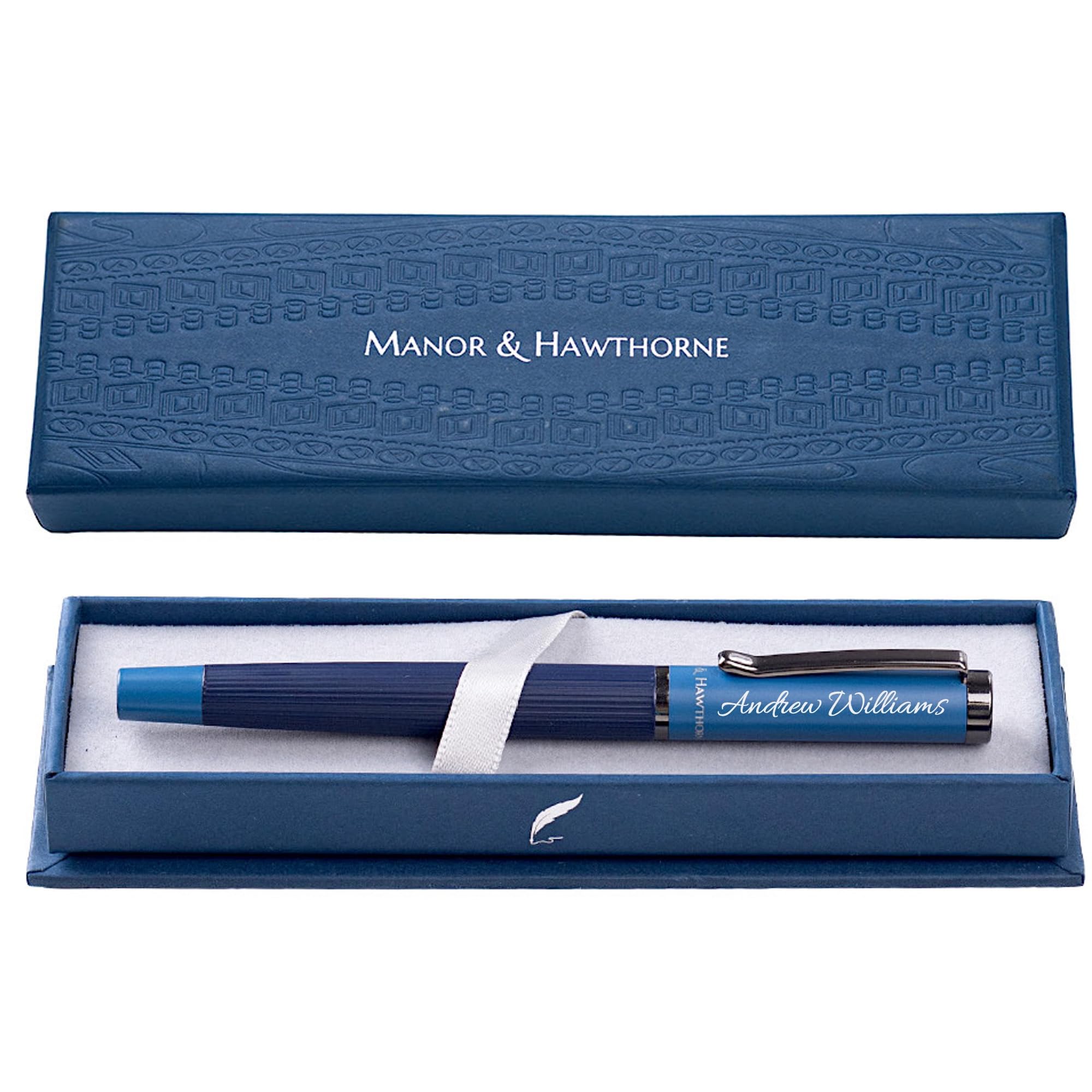 Manor & Hawthorne Personalised Fountain Pen - Engraving Available in Black, Red, Blue, and Green - Gift-Boxed Writing - Black & Blue ink & Converter (Dark Blue with Light Blue Cap (Personalised))