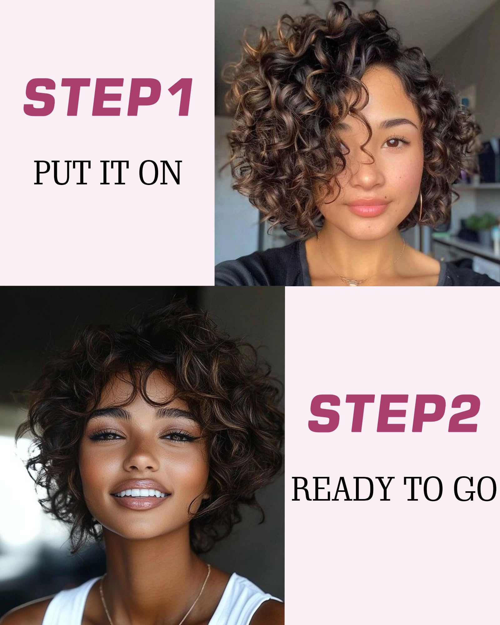 FASHION IDOL Pixie Curly Natural Black Human Hair Wig C-Type Lace Wear and Go Short Curly Bob Wig for Women (P4/30, 8 Inch) - Image 2