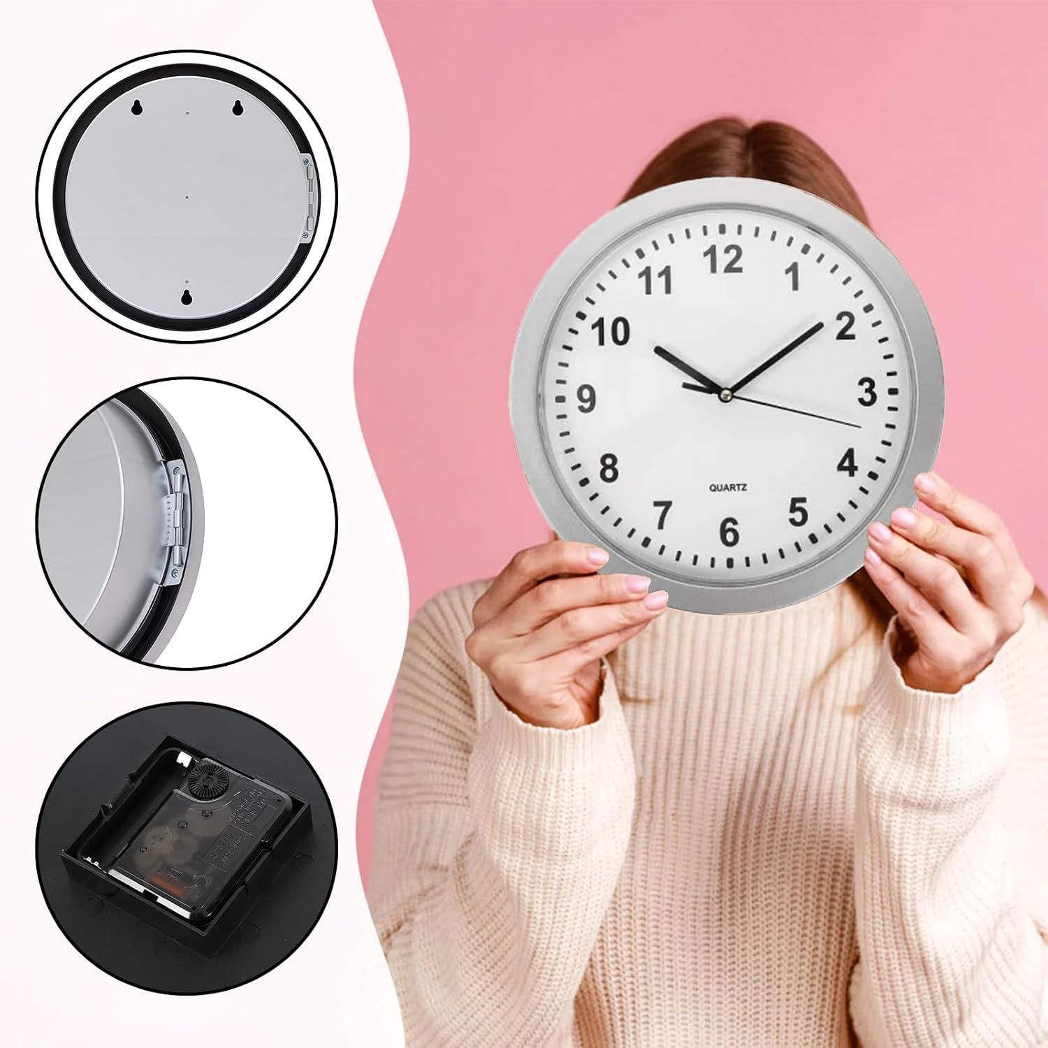 10 Inch Wall Clock with Hidden Safe, Battery Operated Quartz Plastic Vintage Decor Wall Clock Diversion Safe with Secret Storage for Kitchen Living Room Home Organization, Silver image 5