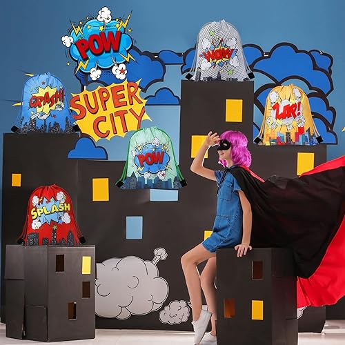 Miniatura 6 de Clabby 12 mochilas con cordón para fiesta de héroes a granel, bolsas de regalo, bolsas de regalo de cómics Boom para fiesta de cumpleaños