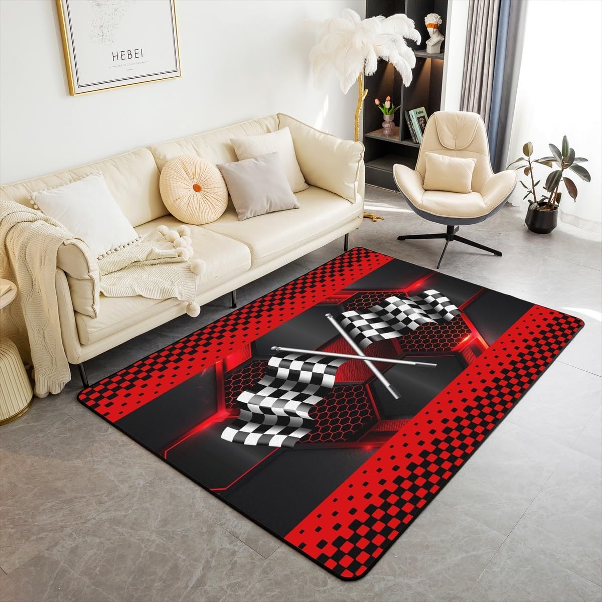 Feelyou Race Car Area Rug 5x7 Kids Race Checkered Sport Decorative Rug for Boys Girls Teens Honeycomb Extreme Sports Theme Living Room Rugs Cool Speed Indoor Floor Mat