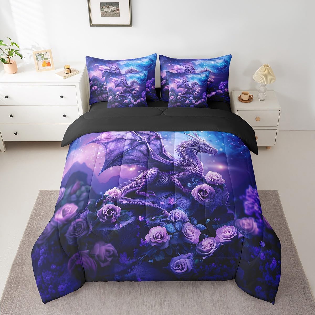 Queen Size 7 Piece Bedding Sets Rose Dragon Comforter Set Starry Sky Animal Bed Sheet Purple Reversible Printed Quilt Set + Flat Sheet + Fitted Sheet + 2 Pillowcase + 2 Throw Pillow Covers