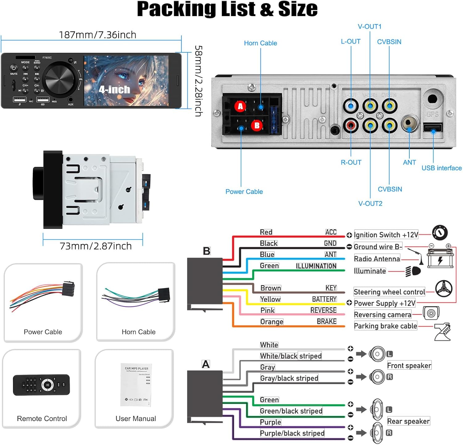 Single Din Car Stereo with Apple Carplay Android Auto, 4" Touch Screen Car Stereo with Bluetooth Handsfree, Car Radio Support Mirror Link FM USB TF USX EQ SWC Remote Control