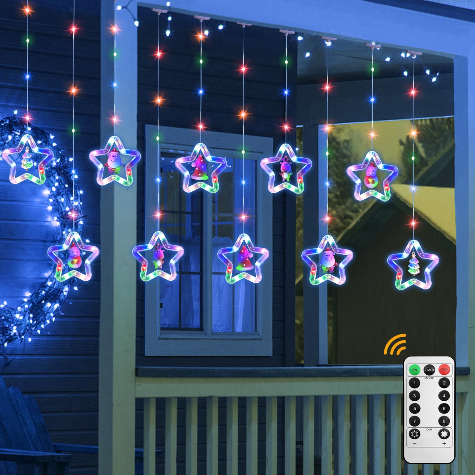 Jsdoin Multi-Colored Led Stars Curtain Lights 3.5M*3.5M Christmas Window Curtain String Lights Fairy 3D Twinkle Lights With Usb+Battery-Powered And 8 Flashing Modes For Indoor Xmas Party Decoration (Multi-Colored)