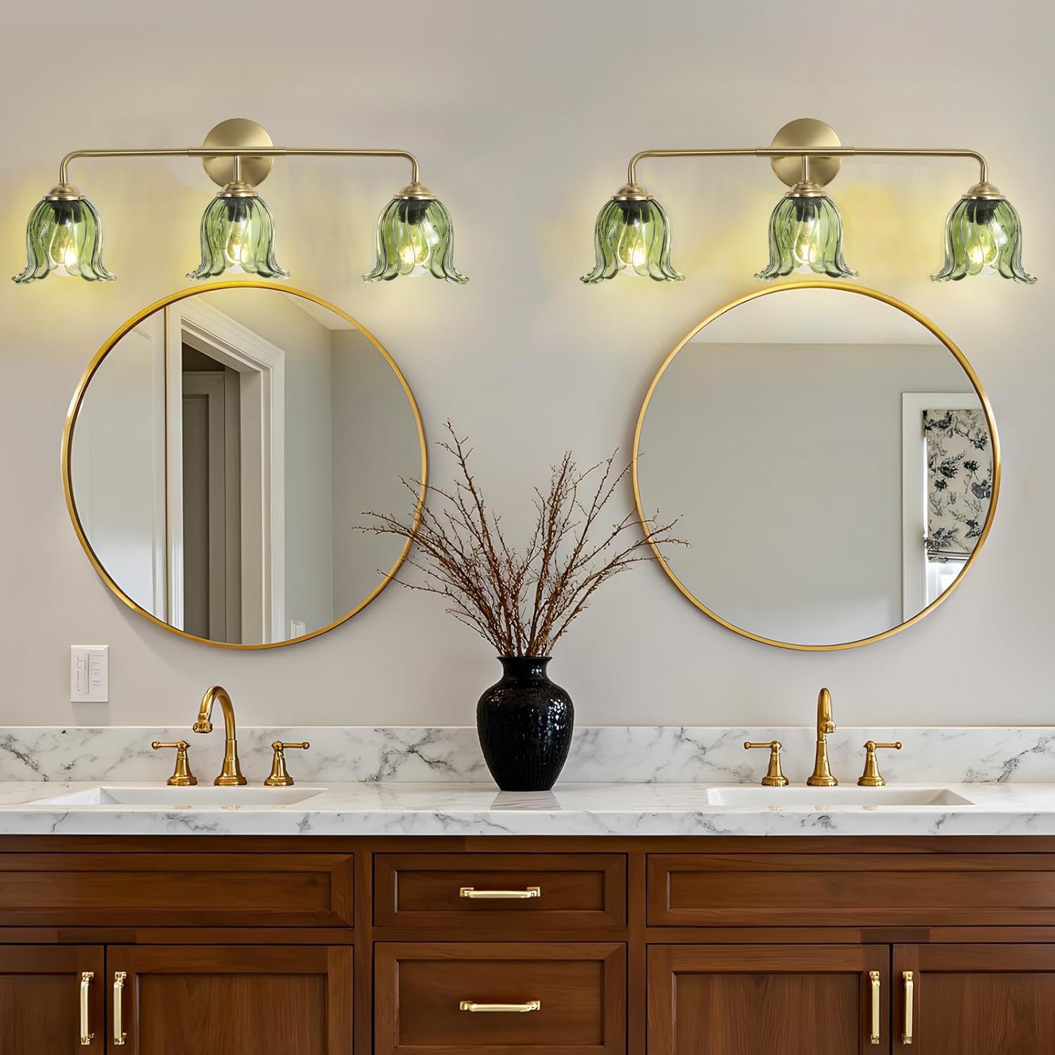 3-Light Vintage Bathroom Vanity Light Over Mirror with 3 Glass Shade Rustic Light Fixtures Farmhouse Wall Sconce Fixture for Bedroom Dressing Room Hallway Cabine (Gold + Green)