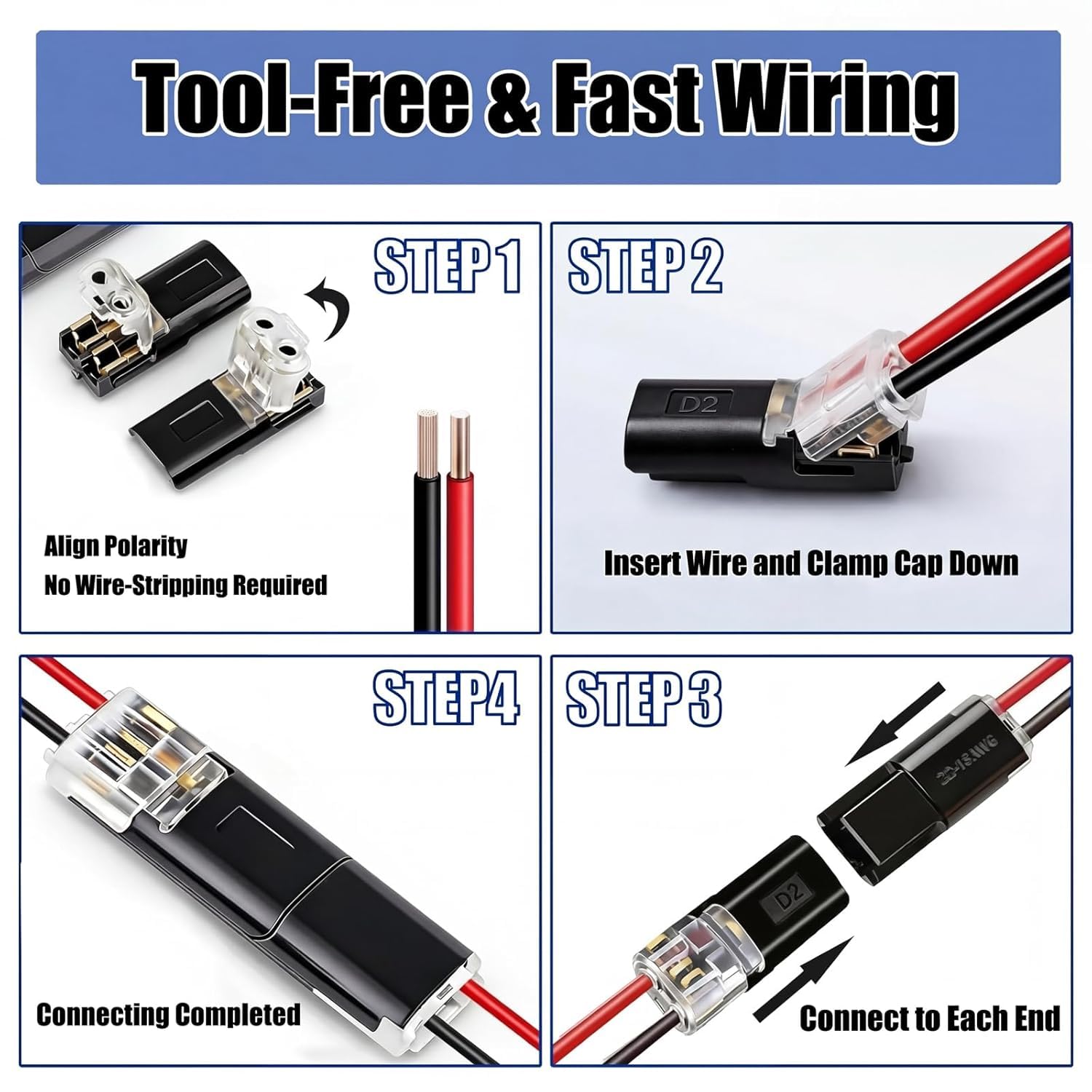 50 Pack Wire Connectors,2 Pin Low Voltage Quick Connect Wire Connectors，for Strip Lights DIY Crafting，Decor & Model Solderless Electrical Connectors