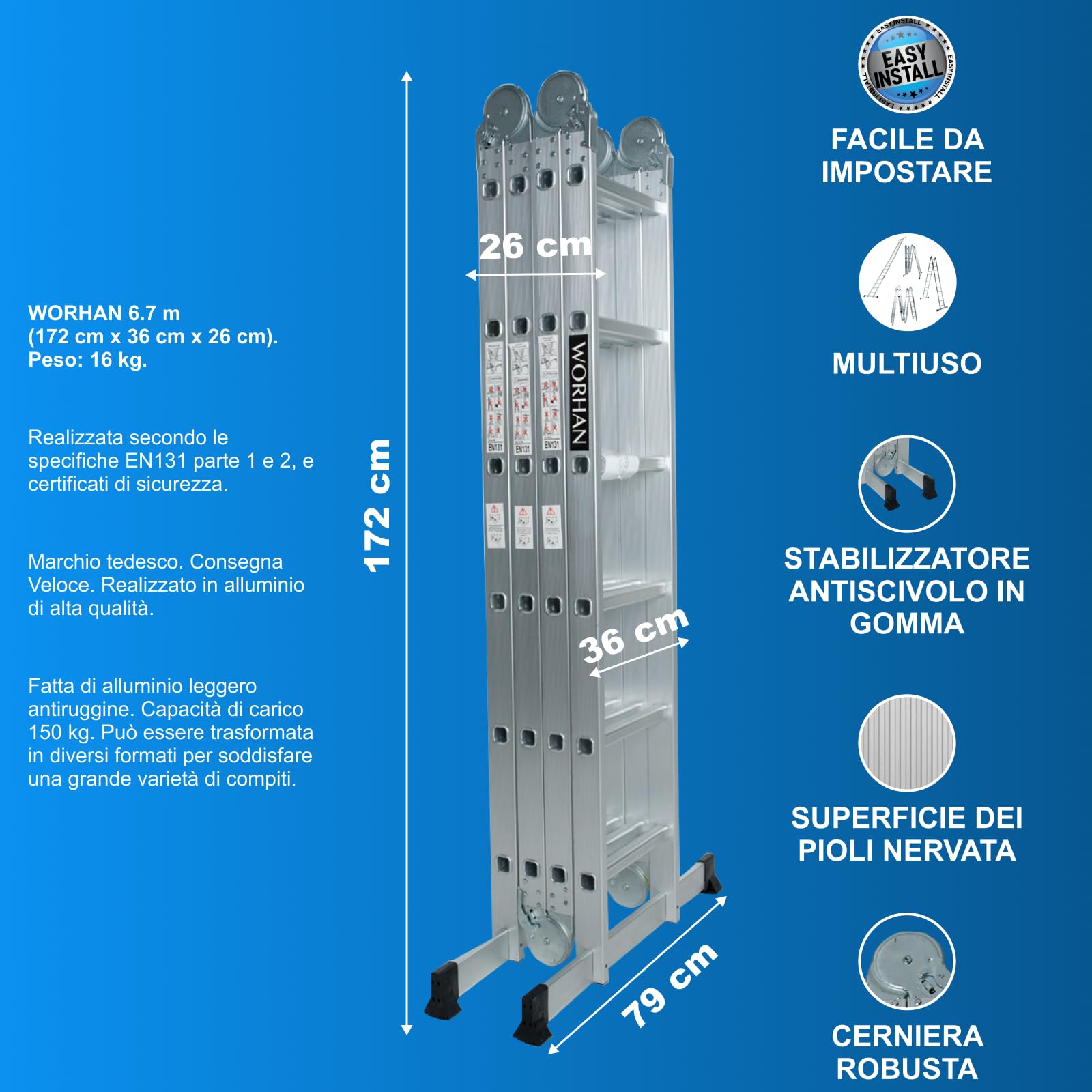 SCALA MULTIUSO IN ALLUMINIO 6.7m PIEGHEVOLE MULTI POSIZIONE 14 FUNZIONI CON STABILIZZATORI KS6.7