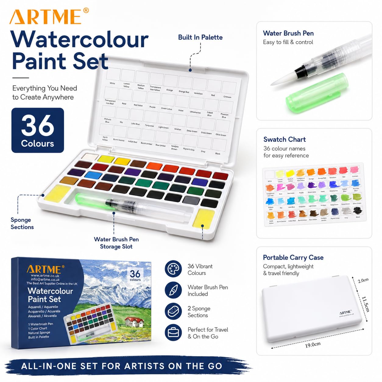 Artme Acquarelli/Set per pittura ad acquerello con cubo in custodia da trasporto con pennello - 36 colori vivaci, fornitura artistica essenziale.