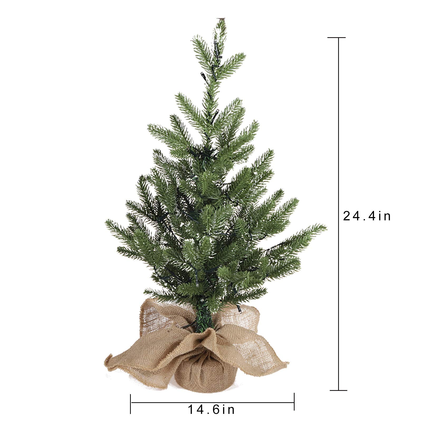 MorTime 24 Inch Mini Artificial Christmas Tree with 50 LED Lights, 2 ft Table Top Christmas Pine Tree 29 Tips with Burlap Wooden Base, Christmas Winter Home Decorations