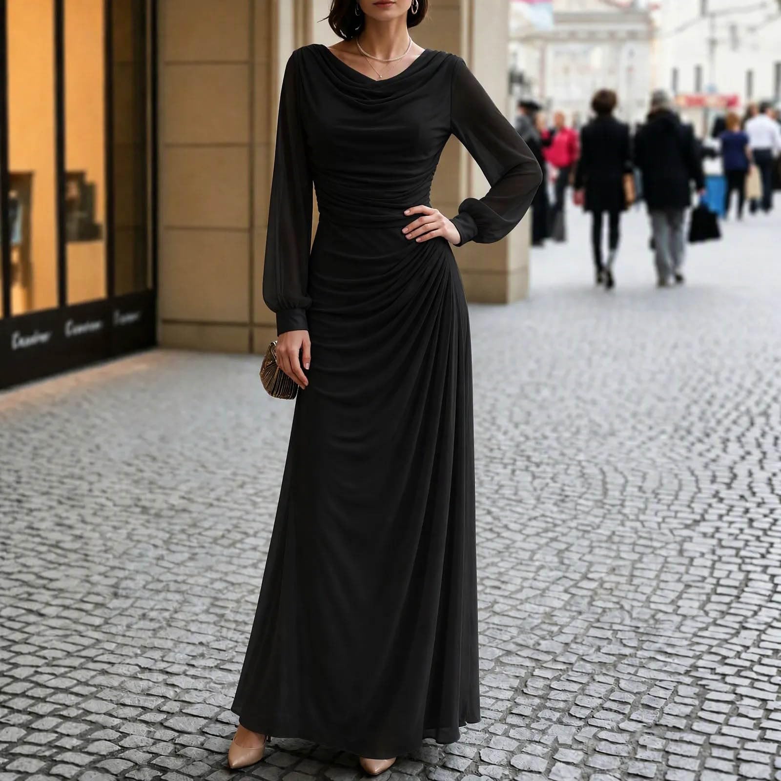 Herbstkleid Damen Langarmkleid Abendkleid Freizeitkleid Kleid Langarm