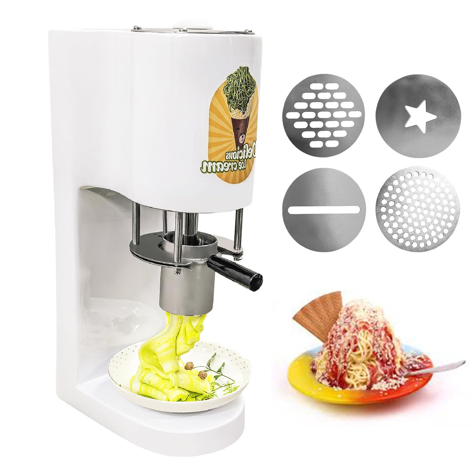 Máquina de espaguetis de helado comercial 28-30L/H, prensa eléctrica de fideos de helado con 4 moldes, máquina de servicio suave de acero sin forma in sin forma para la cocina casera del café, crear p