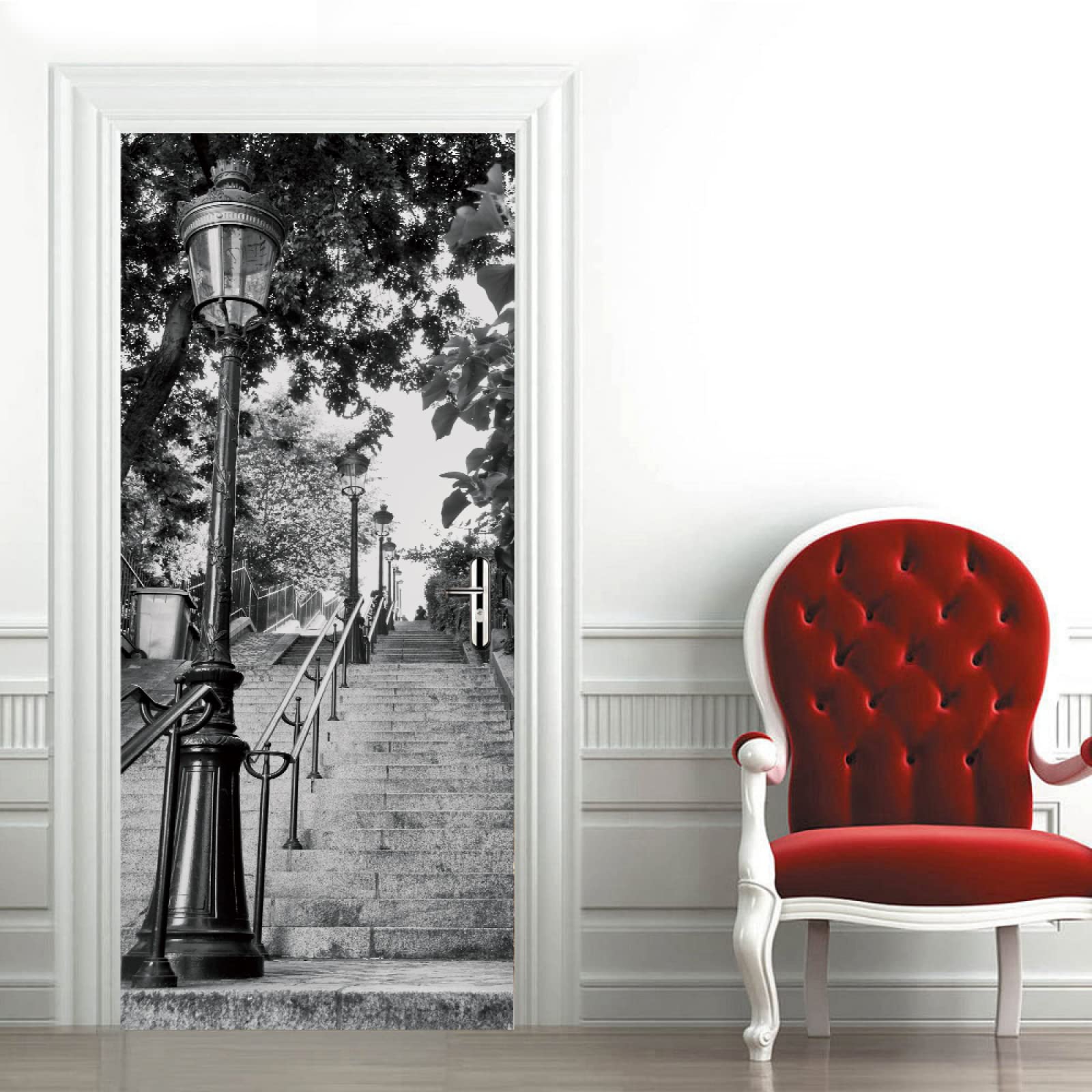 Sticker porte poster escalier gris 83x204cm trompe-l'œil