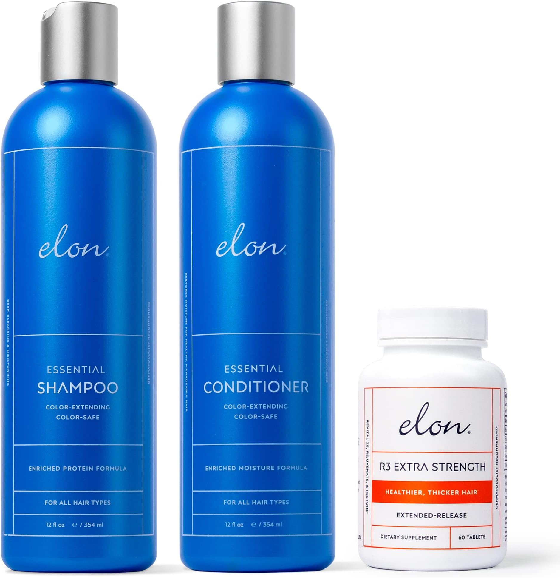 Elon Complete Care Kit for Thinning Hair – Elon Essential Shampoo & Conditioner Set + R3 Extra Strength Hair Growth Supplement – NO Sulfates, Parabens or Phthalates