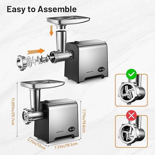 Miniatura 6 de Picadora eléctrica de carne, máquina de relleno de salchichas de 450 W (3000 W máximo), molinillo de alimentos con hoja y 3 platos, tubos de relleno