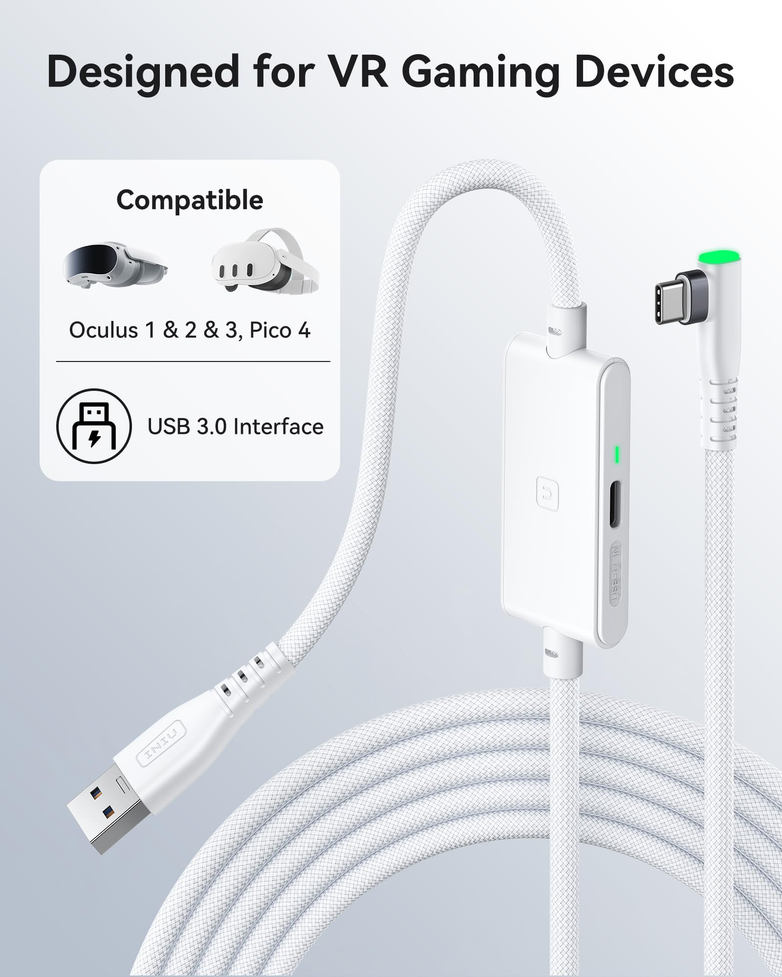 INIU 16ft Premium VR Link Cable with Charging, USB 3.0 Compatible with Meta Quest 3s, Oculus Quest 3/2/Pro, Pico 4, PC VR & Steam VR - Perfect  VR Accessory, Ideal Gift Choice