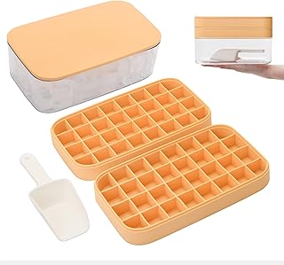 CZWL&HG New Ice Cube Tray with Lid and Bin,32 Nugget Food-Grade Silicone Ice Tray, Ice Cube Molds Comes with Ice Container, Scoop and Cover (Silicone Suits-2 * 32 Cubes, Orange)