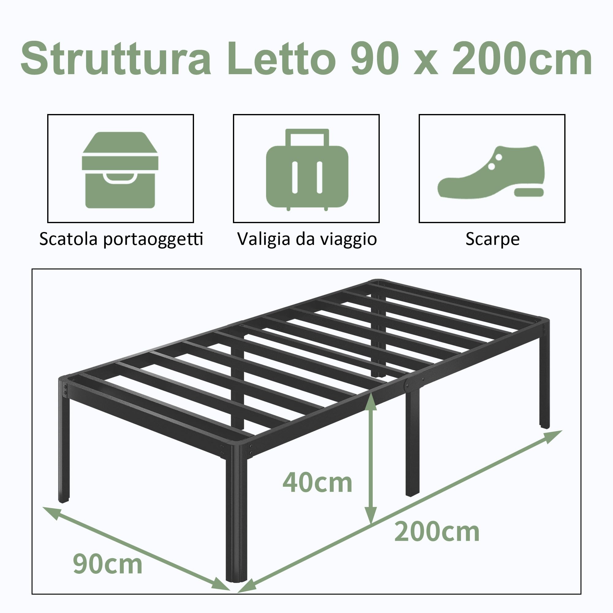 Lutown-Teen Struttura Letto Singolo 90x200 cm ad Angolo Curvo，Giroletto Singolo Alta 41 cm in ferro, Spazio di Archiviazione Extra, Montaggio Facile, Silenzioso, Nero